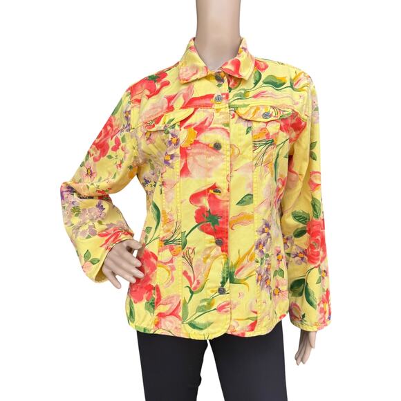 Chico's Floral Print Denim Jacket, Size 2 (US L/12), Yellow Cotton Button Front - Picture 1 of 8